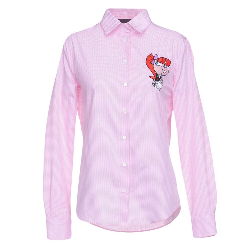 LOVE MOSCHINO SHIRT CHECKED CARTOON PRINT PINK COTTON TOP BLOUSE IT 46 US 10